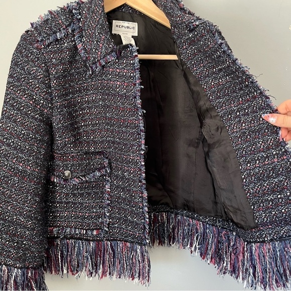 For The Republic Multicolored Rock N Roll Tweed Fringe Hem Blazer Jacket Size 8P - Picture 8 of 15